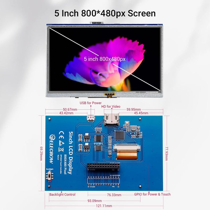 ELECROW 5-Inch Resistive Touch Screen TFT LCD Display, 800x480 HD Resolution, Compatible with Raspberry Pi 5/4/3/2B/Zero, Banana Pi, Jetson Nano, Windows 11/10/8/7 - Image 4